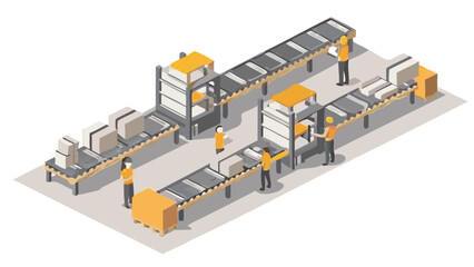 Isometric view of a factory floor with conveyor belts and workers handling boxes and packages in warehouse