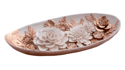 A rose-gold infused ceramic signature serving tray showcasing artisan sculpted detailing, white background --ar 16:9