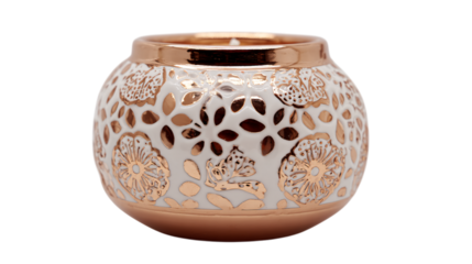 A rose-gold infused ceramic designer candle diffuser with radiant metallic filigree highlights, white background --ar 16:9