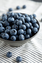 Raw Organic Blueberries in a Bowl, side view.