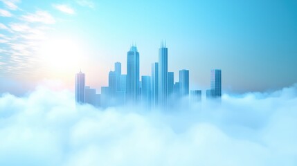 Fototapeta premium Blue mist surrounding a futuristic city skyline, creating an ethereal effect.