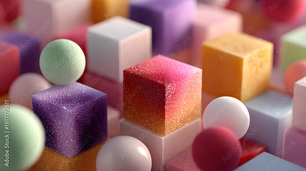 Poster vibrant 3d render of interlocking cubes and spheres against a soft blue background ai generated