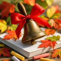 Close-up of a classic school bell with red ribbon on a checkered notebook, surrounded by autumn leaves and scattered colorful chalk. Festive back-to-school composition with nostalgic details.
