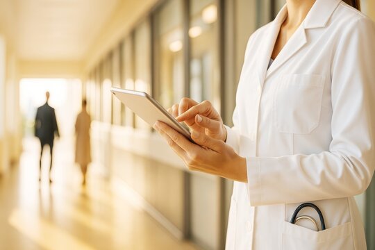 Female doctor using digital tablet in hospital corridor with warm light background, representing modern healthcare technology concept.