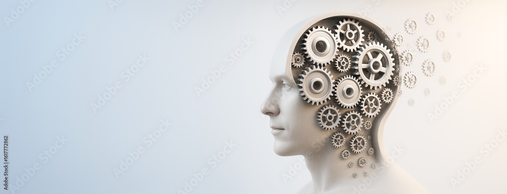 Aufkleber human head model with exposed mechanical gears on light background symbolizing artificial intelligen