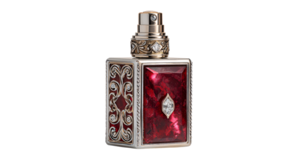 A ruby-tinged quartz limited-edition perfume atomizer with radiant metallic filigree highlights, white background --ar 16:9