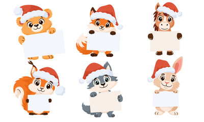 Obraz premium A set of flat vector illustrations in cartoon style. Cute animals wearing Santa Claus hats hold signs with space for your text. Fox, wolf, rabbit, squirrel, bear, and horse. Vector illustration