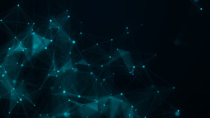 Network connection structure. Abstract blue background with moving dots, lines and triangles. Futuristic illustration. Digital technology design. 3d rendering