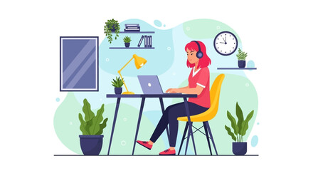 Young woman working from home on laptop, perfect for remote work, freelance, and home office concepts.
