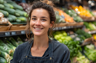 Smiling woman in apron stands at grocery store aisle. Fresh food on shelves behind. Smiling staff member poses looking at camera. Supermarket shopping concept.