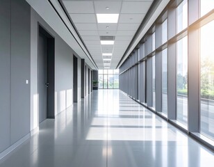 Fototapeta premium Modern Minimalist Office Hallway with Grey Walls and Bright Sunlight