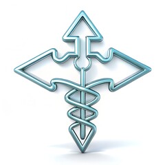 Blue caduceus symbol with arrows indicating multiple directions, isolated on white background