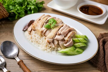 Chicken and rice with coriander and cucumber with sauce and soup in a white plate, hainanese chicken rice, thai called khao man gai, asian food, thai food	