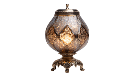 A smoked diamond glass ornate lamp stand with radiant metallic filigree highlights, white background --ar 16:9