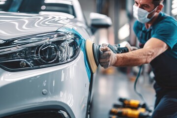 Man polishing a car in a factory