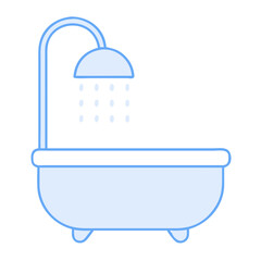 Bathtub with Shower Icon &ndash; Minimal Blue Line Art of Bath Tub and Showerhead