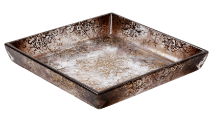 A smoked diamond glass signature serving tray with radiant metallic filigree highlights, white background --ar 16:9