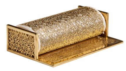 A velvet-wrapped brass executive desk accessory with radiant metallic filigree highlights, white background --ar 16:9