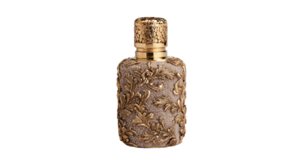 A velvet-wrapped brass limited-edition perfume atomizer showcasing artisan sculpted detailing, white background --ar 16:9
