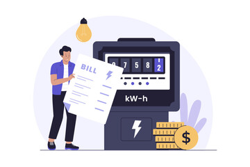 Man Checking Electricity Bill Illustration. Home Energy Costs & Payment. Illustrations for websites, landing pages, mobile apps, posters and banners