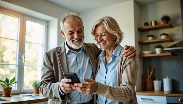 happy senior couple using a smartphone together in a bright kitchen