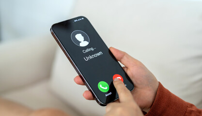 Phone scam alert with hacker and scammer calling unknown number, cybercrime, data theft, phishing...