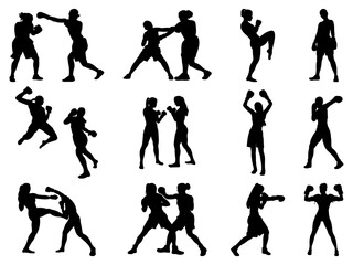 Set of Female Boxing Silhouette in various poses isolated on white background