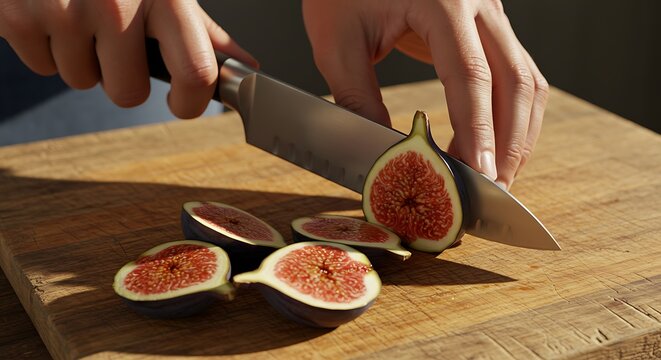 Cutting Fresh Purple Fig on Wood Board with Sharp Knife