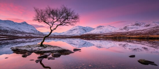 Pink Sunrise over Snowy Mountains reflecting in Calm Lake