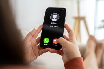 Phone scam alert with hacker and scammer calling unknown number, cybercrime, data theft, phishing...