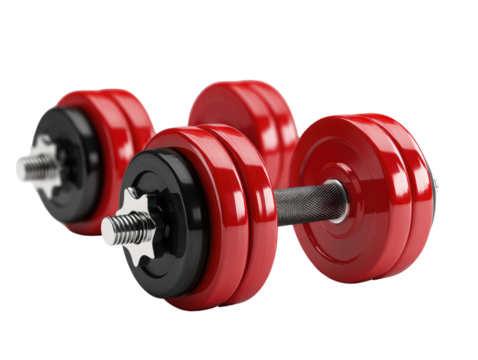 Three red and black dumbbells, angled, against a black background