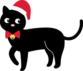 Christmas Black Cat in Santa Hat .
Cute Festive Black Cat Cartoon Clipart  isolated.
Transparent background. svg.