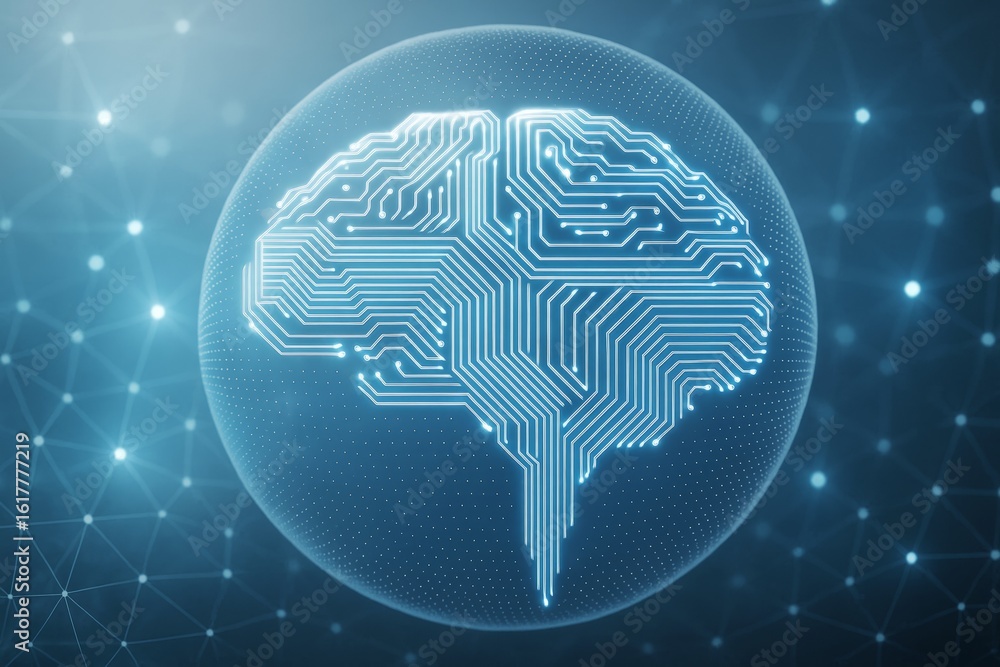 Poster futuristic digital brain made of circuit lines glowing with blue light in a transparent sphere on a 