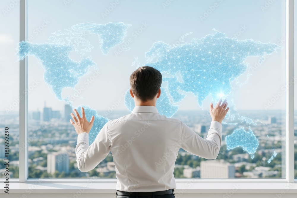 Poster businessman interacting with digital world map interface in modern office with city background, repr