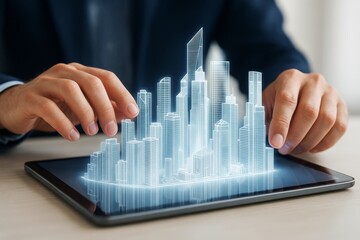 Futuristic digital cityscape emerging from tablet device held by businessman in suit, symbolizing virtual real estate and urban development technology.
