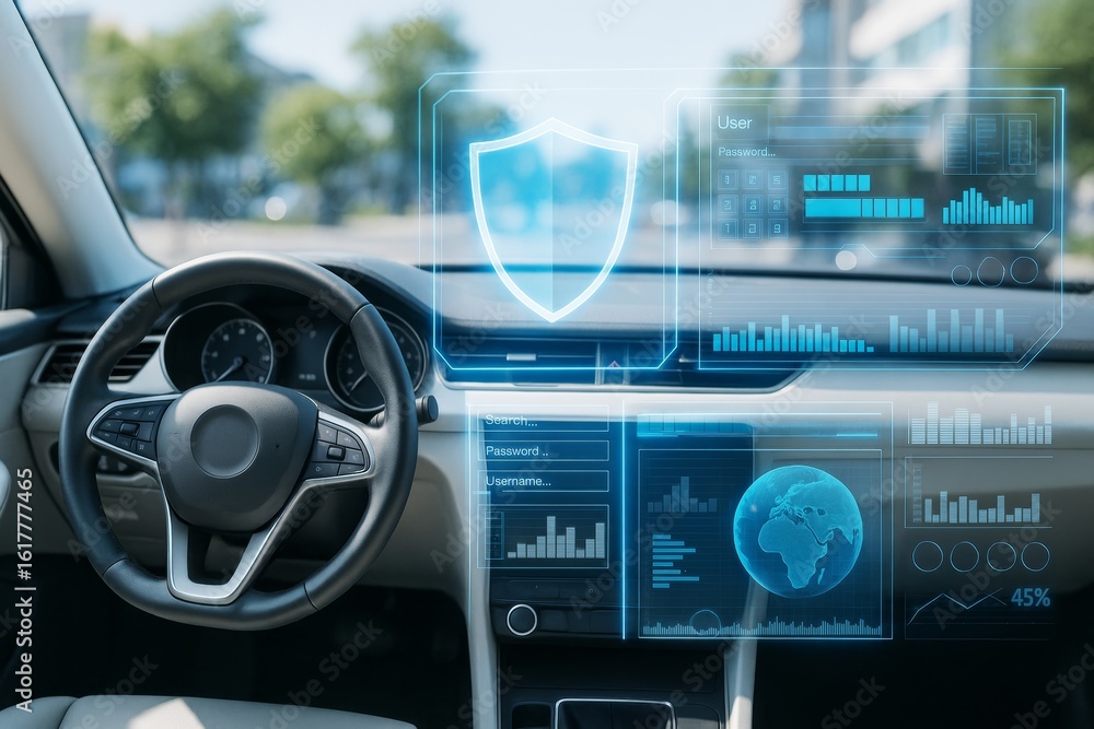 Aufkleber futuristic car dashboard interface with digital holographic cybersecurity display on windshield in m