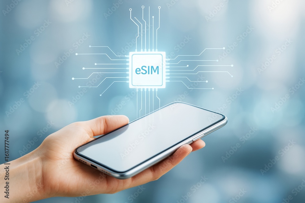 Poster hand holding smartphone with glowing esim chip icon and digital circuit lines on abstract light tech
