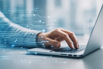 Businessman using laptop with digital interface overlay for futuristic technology on light office background, showing innovation concept.