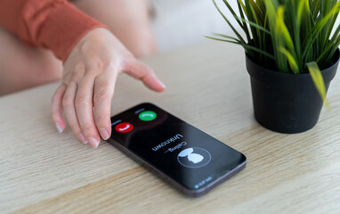 Phone scam alert with hacker and scammer calling unknown number, cybercrime, data theft, phishing...