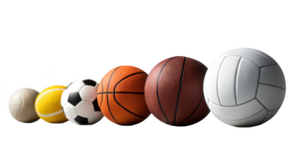 Collection of diverse sports balls arranged in a row on a clean transparent background isolated on transparent background