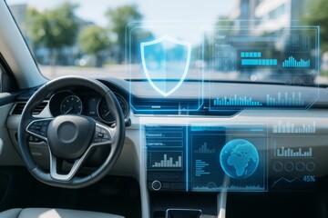 Futuristic car dashboard interface with digital holographic cybersecurity display on windshield in modern vehicle interior with city background in daylight.