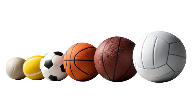 Collection of diverse sports balls arranged in a row on a clean transparent background isolated on transparent background
