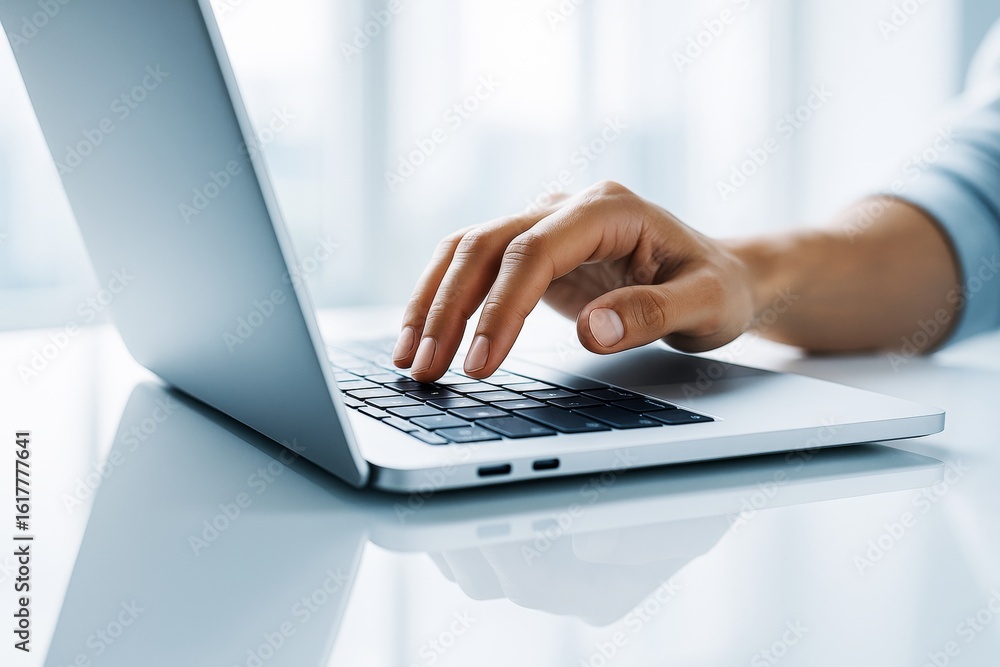 Poster close-up of a person typing on a modern laptop keyboard in natural light on a glossy surface with a 