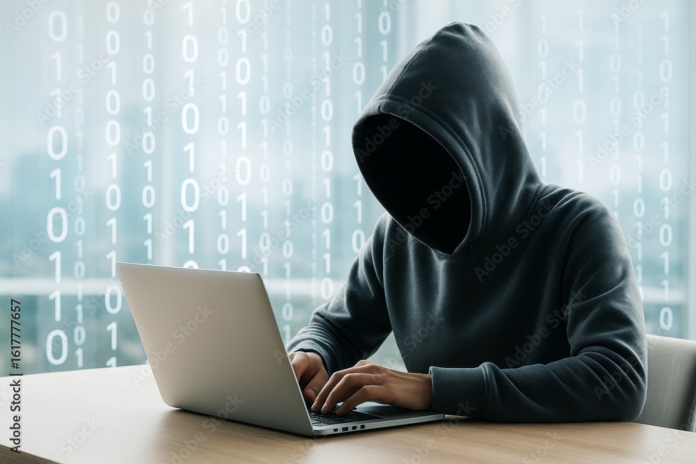 Poster faceless hacker in hoodie using laptop on wooden desk with binary code on bright background, symboli