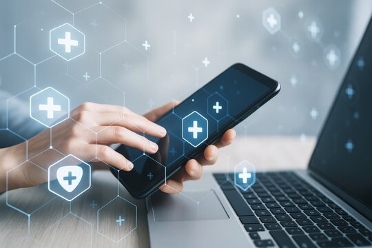 Digital healthcare technology concept with smartphone and laptop, futuristic interface and glowing medical icons on light background.