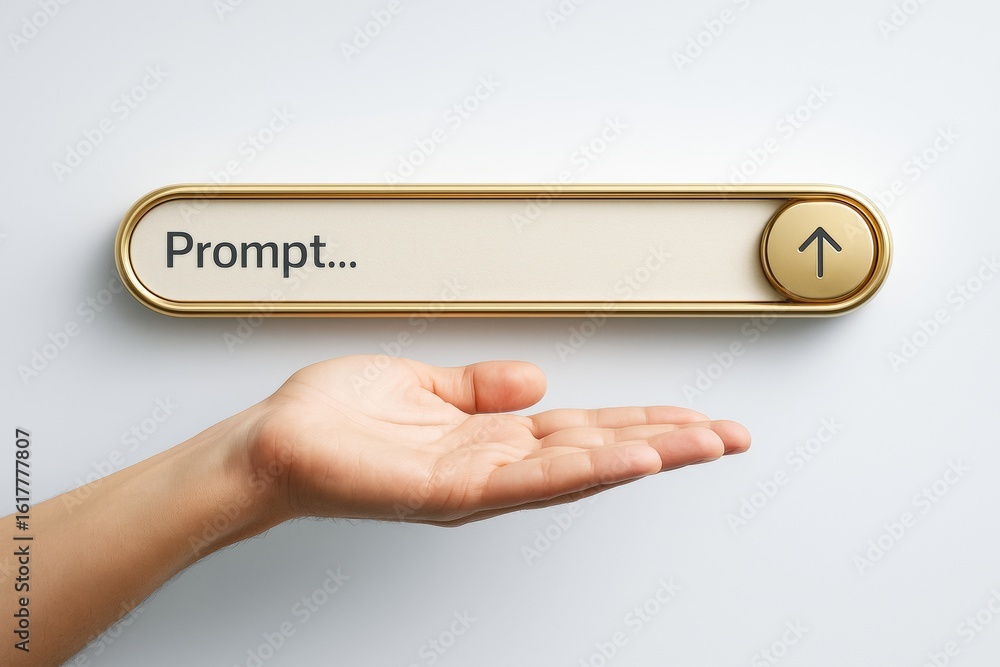 Poster human hand presenting a golden prompt button with arrow symbol on light background, symbolizing abst