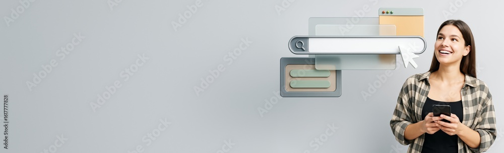 Aufkleber woman holding smartphone with floating tech ui mockup elements on light background for creative temp