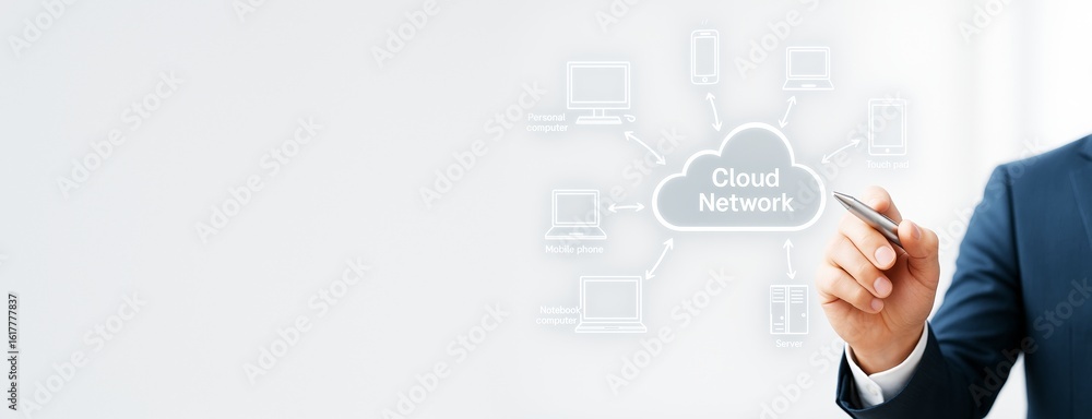 Poster businessman drawing cloud network diagram with digital device icons on clean white background for te
