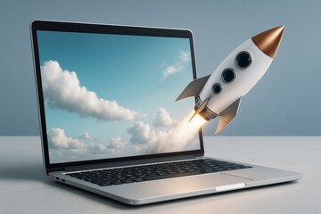 Rocket launching from laptop screen symbolizing startup innovation and digital growth technology concept on light blue background. Ai generative.