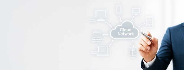 Businessman drawing cloud network diagram with digital device icons on clean white background for technology promotion or IT service template use.